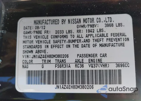 2013 Nissan 370Z from USA, damaged, VIN JN1AZ4EH8DM380206